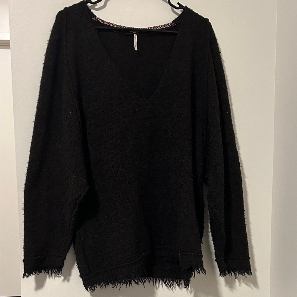 Free People Wool Linen Blend Brown Oversized V Neck Sweater Size Small